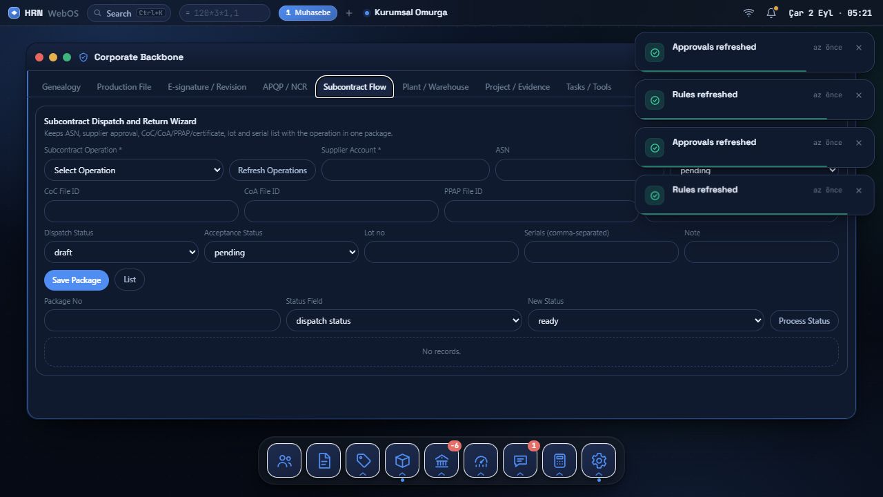شركة Backbone Subcontract Flow علامة التبويب الشاشة الحقيقية